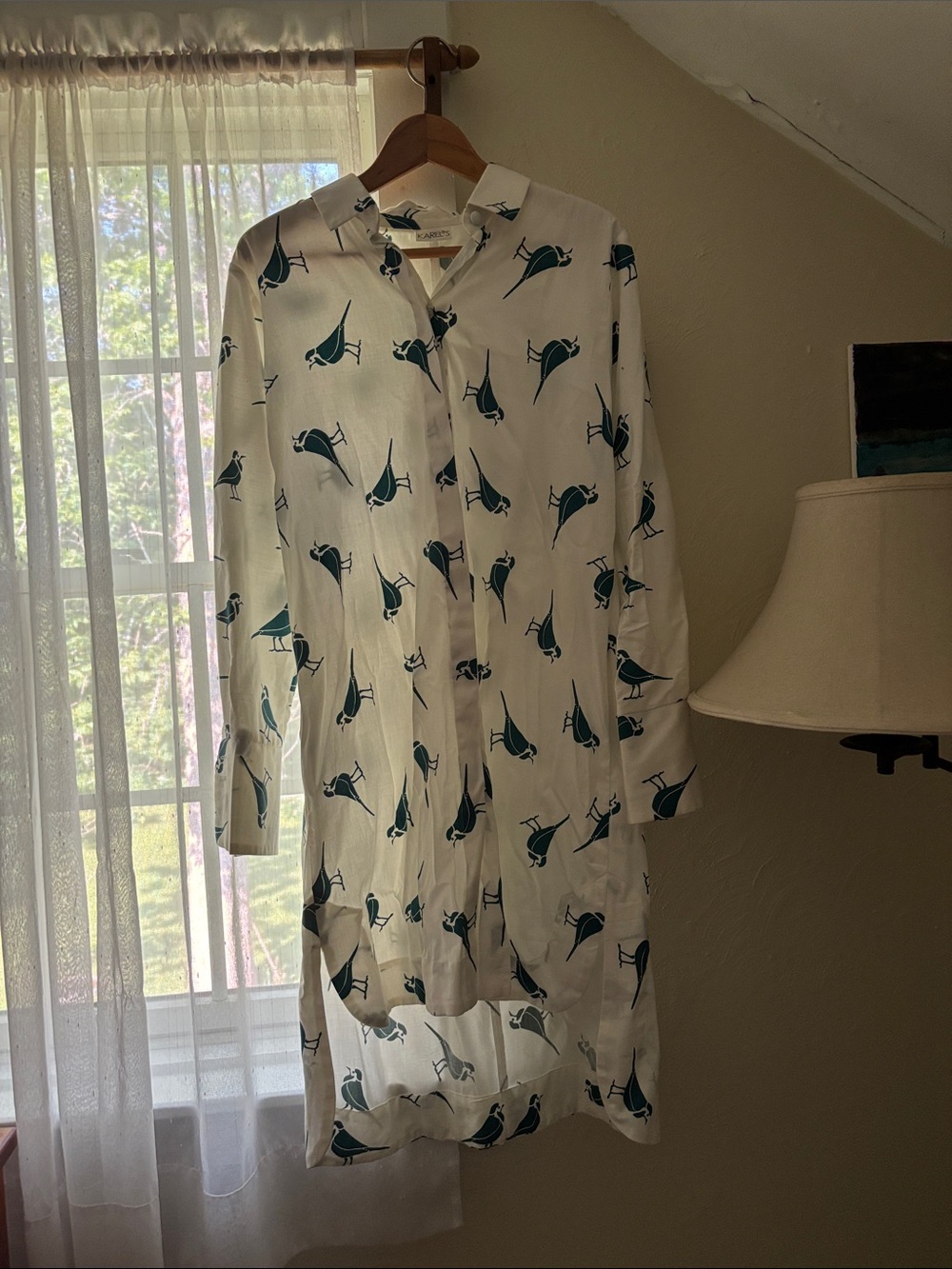 White Latvian Button-Up Tunic with Teal Bird Print